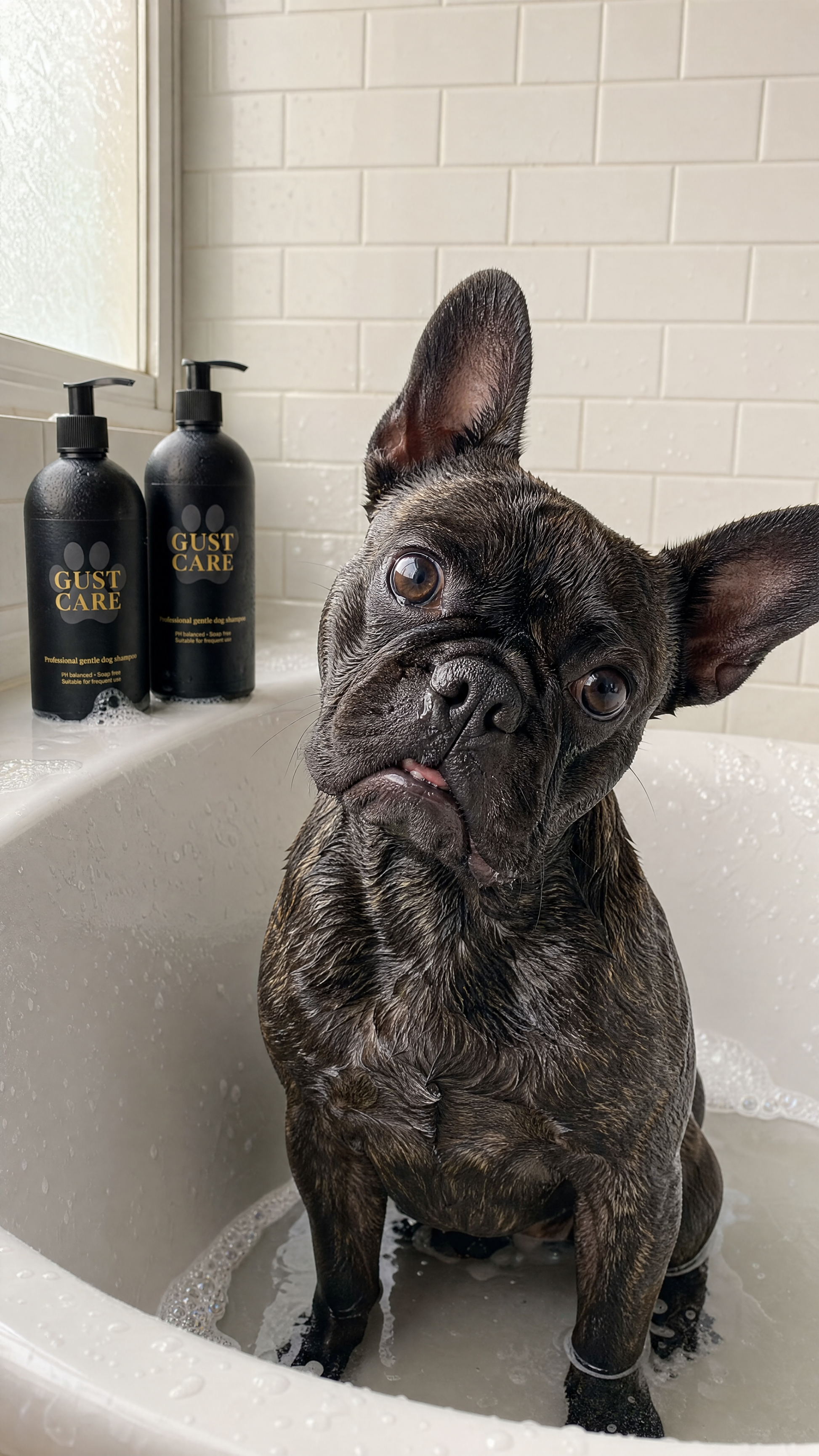 Chien lavé naturellement avec shampoing Gust Care sans parfum