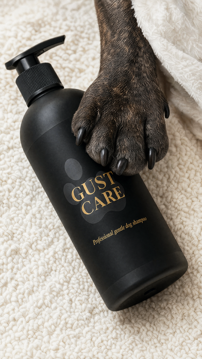 Chien lavé à la maison avec shampoing Gust Care doux