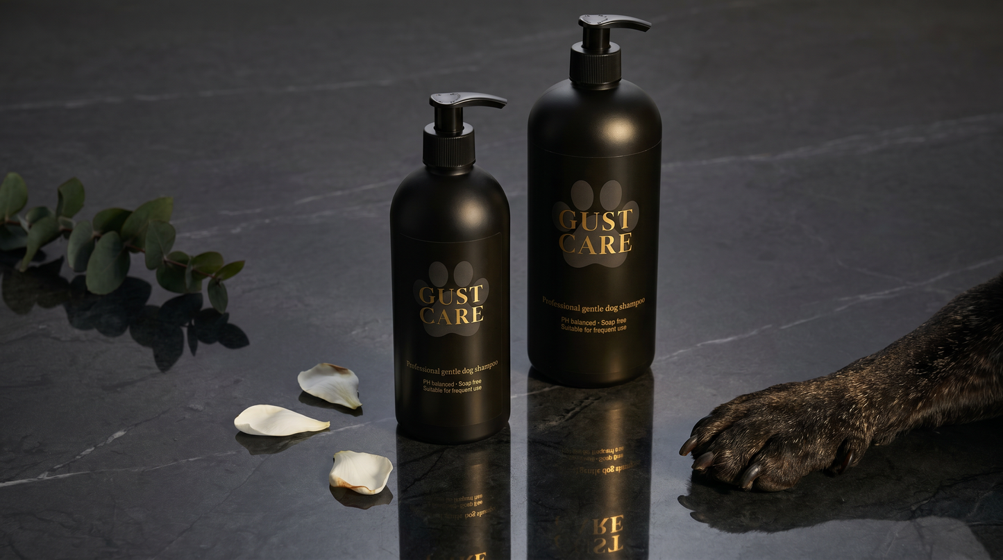 Chien au pelage doux après shampoing Gust Care