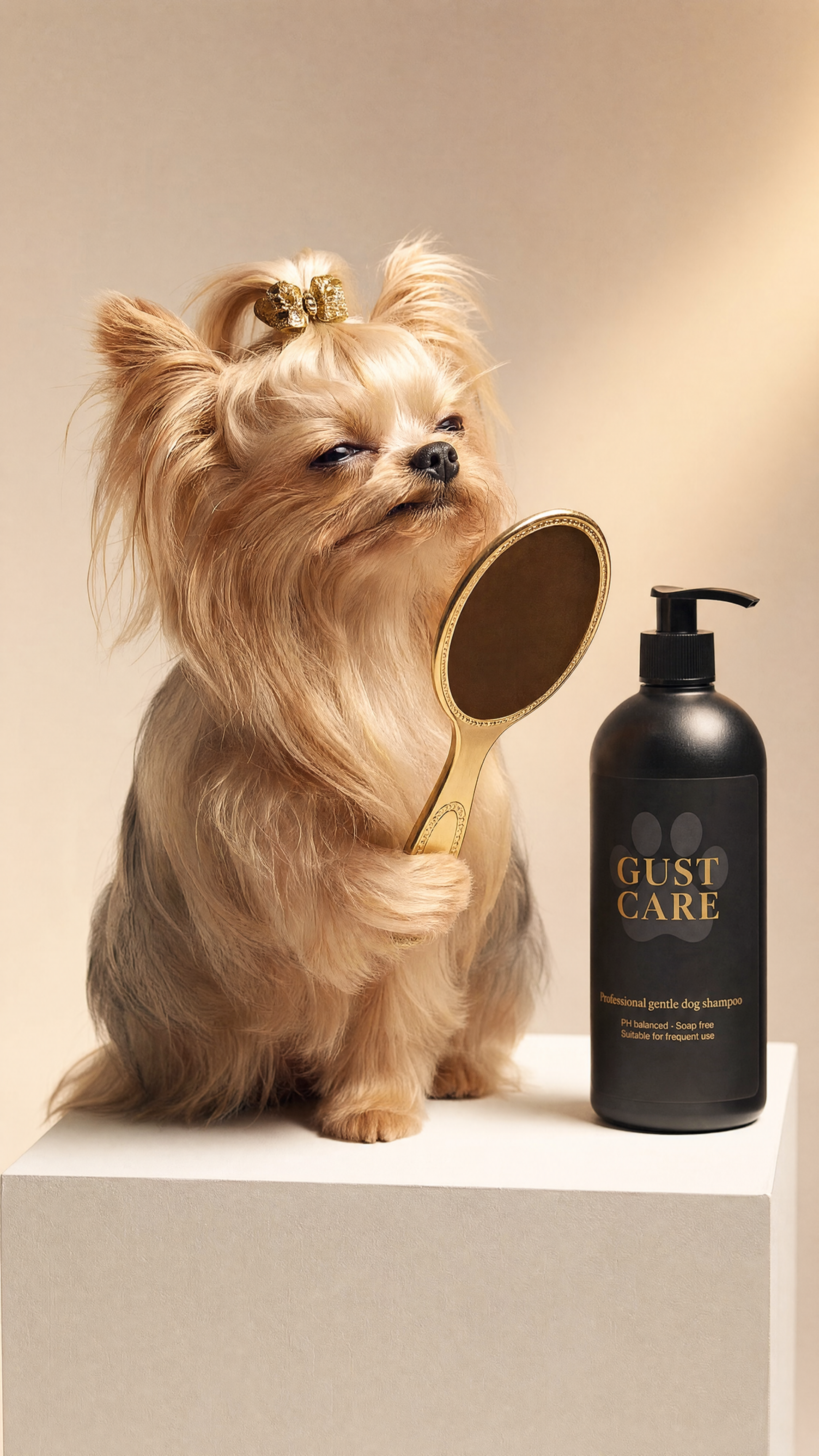 Petit chien content après bain avec shampoing Gust Care sans parfum